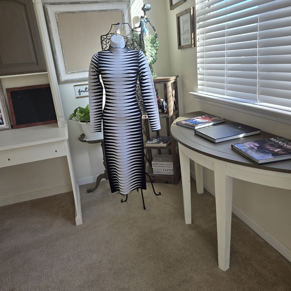 AKIRA Black and White Long Sleeve Striped Midi Dress